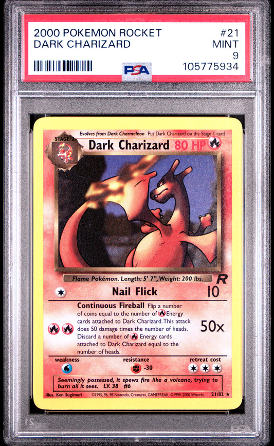 DARK CHARIZARD 21/82 Common POKEMON ROCKET PSA9 MINT 9 PSA population 1417 <a href=https://www.psacard.com/cert/105775934/psa>https://www.psacard.com/cert/105775934/psa</a>