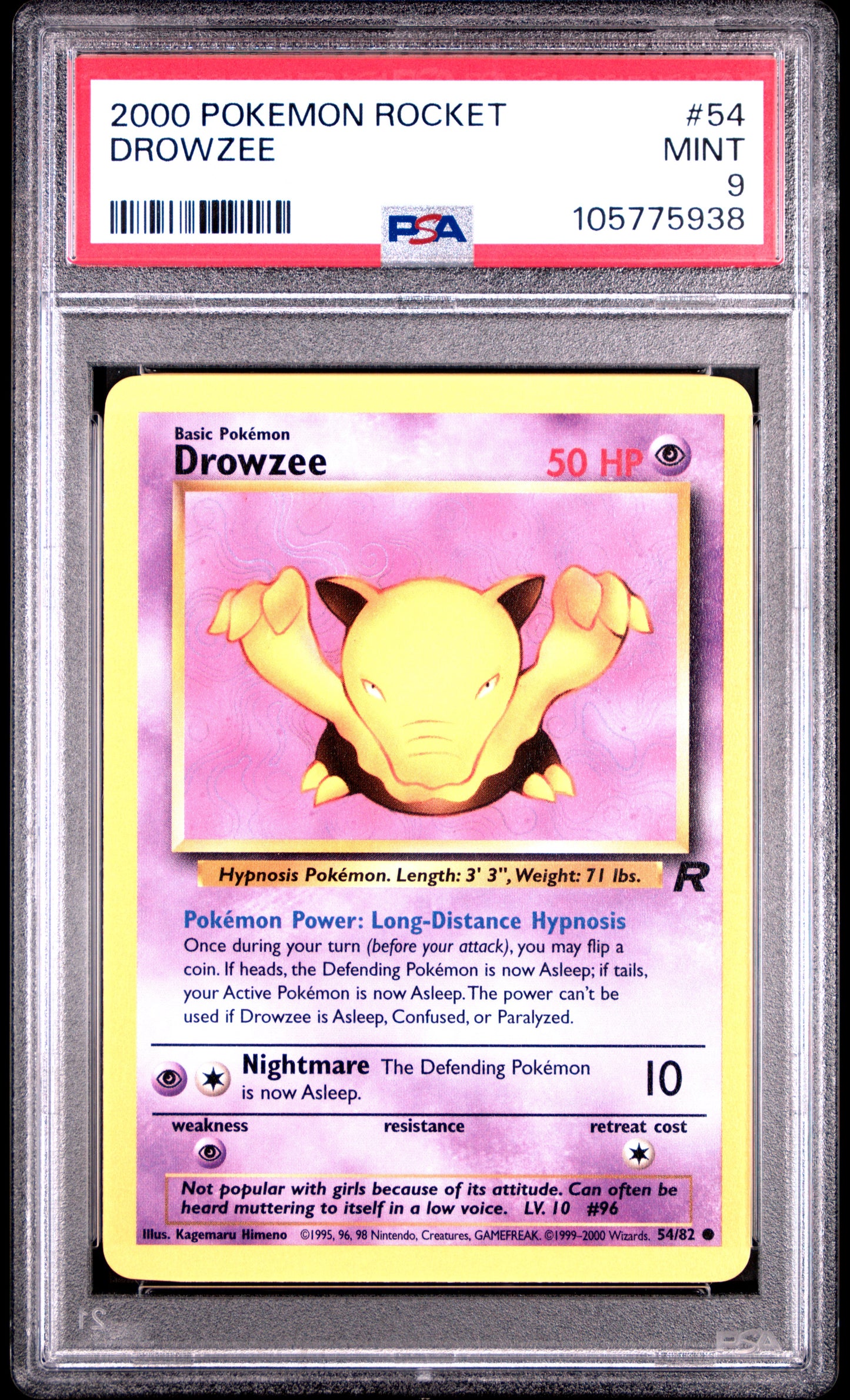 DROWZEE 54/82 Common POKEMON ROCKET PSA9 MINT 9 PSA population 102 <a href=https://www.psacard.com/cert/105775938/psa>https://www.psacard.com/cert/105775938/psa</a>