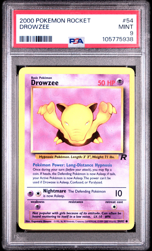 DROWZEE 54/82 Common POKEMON ROCKET PSA9 MINT 9 PSA population 102 <a href=https://www.psacard.com/cert/105775938/psa>https://www.psacard.com/cert/105775938/psa</a>