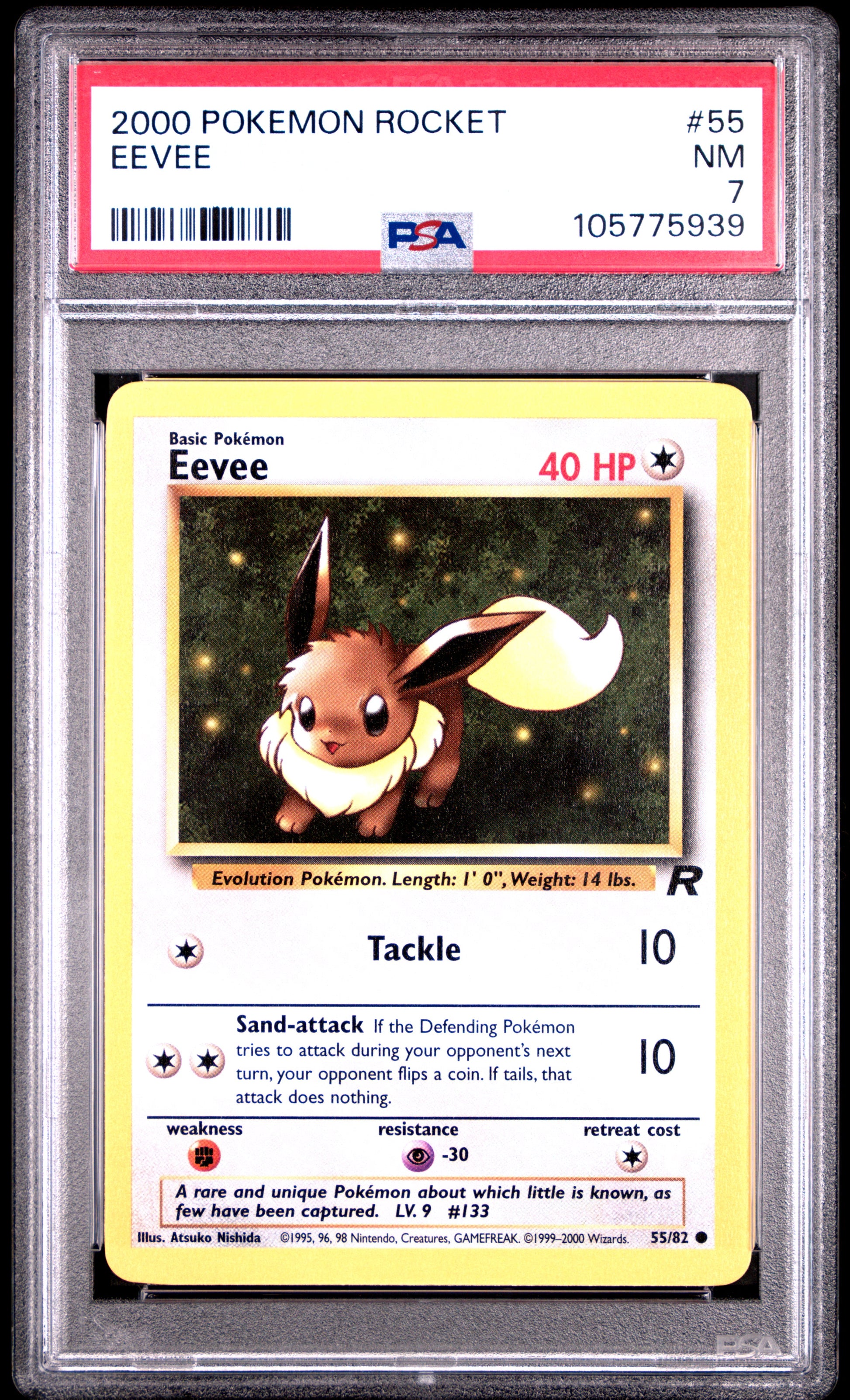 EEVEE 55/82 Common POKEMON ROCKET PSA7 NM 7 PSA population 131 <a href=https://www.psacard.com/cert/105775939/psa>https://www.psacard.com/cert/105775939/psa</a>
