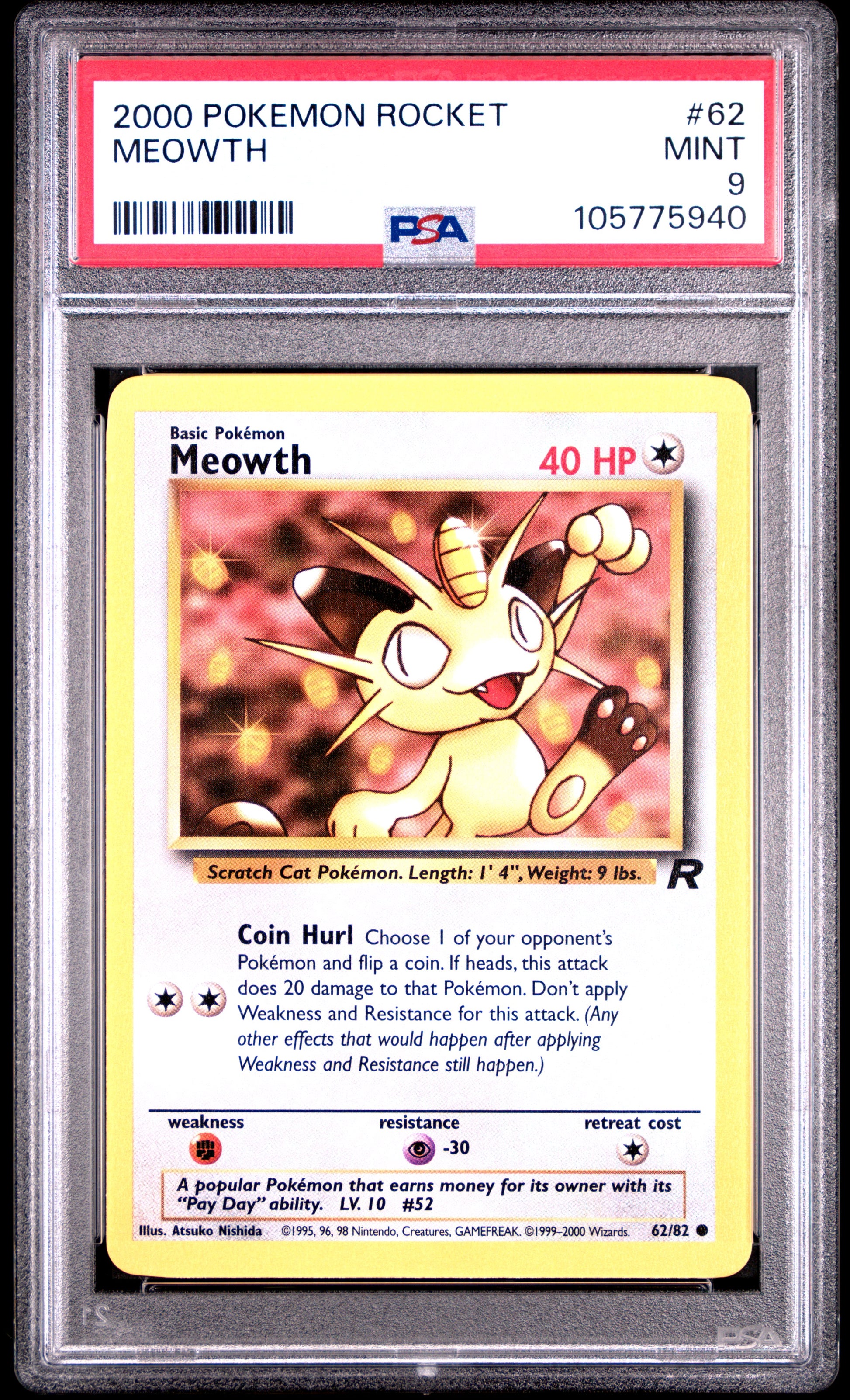 MEOWTH 62/82 Common POKEMON ROCKET PSA9 MINT 9 PSA population 113 <a href=https://www.psacard.com/cert/105775940/psa>https://www.psacard.com/cert/105775940/psa</a>