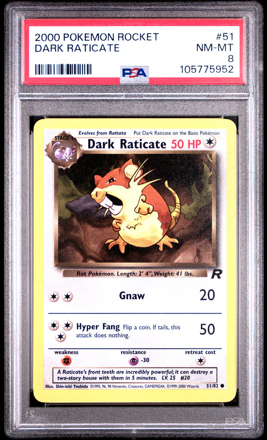 DARK RATICATE 51/82 Common POKEMON ROCKET PSA8 NM-MT 8 PSA population 45 <a href=https://www.psacard.com/cert/105775952/psa>https://www.psacard.com/cert/105775952/psa</a>