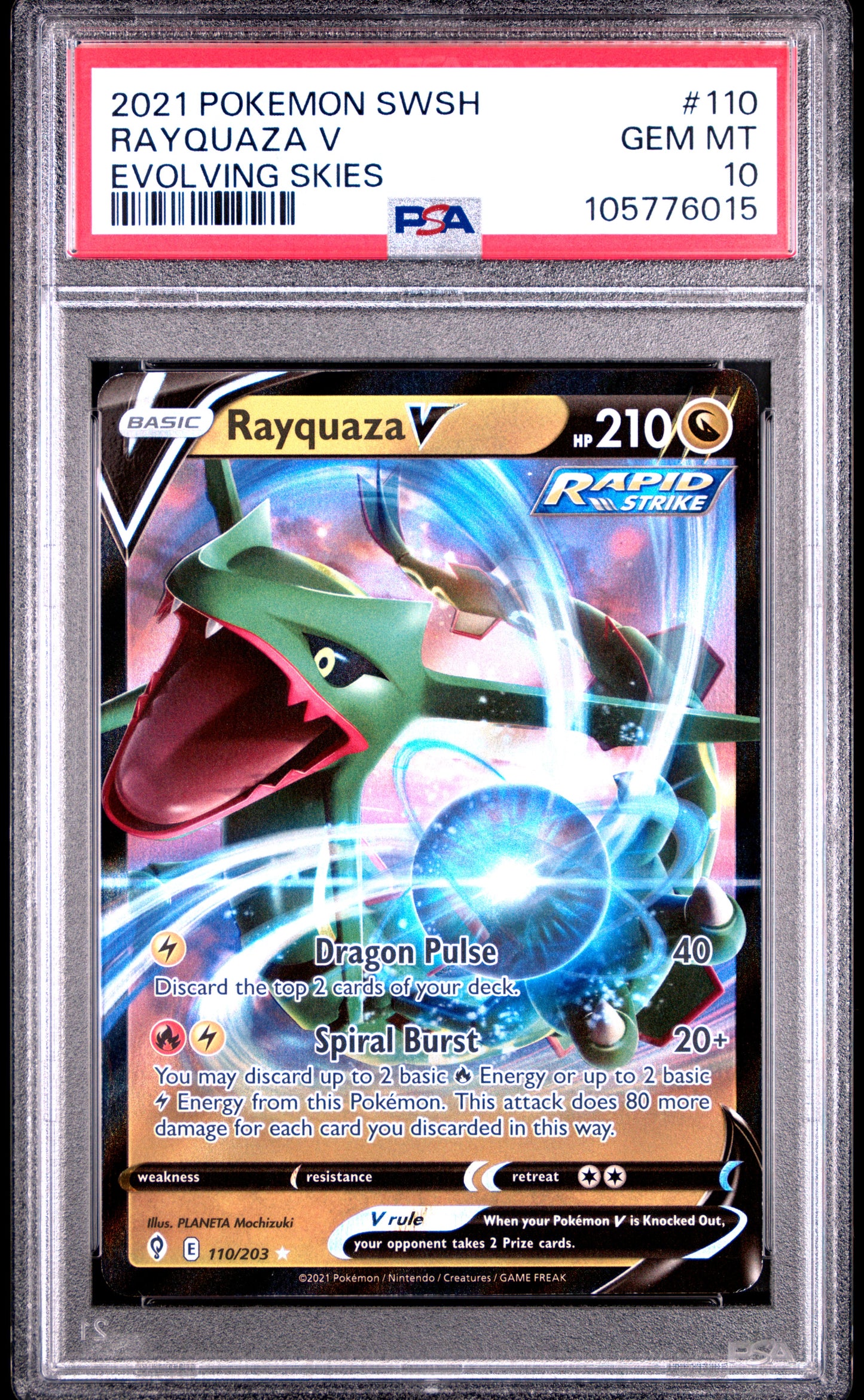 RAYQUAZA V 110/203 Common POKEMON SWORD & SHIELD EVOLVING SKIES EVOLVING SKIES PSA10 GEM MT 10 PSA population 237 <a href=https://www.psacard.com/cert/105776015/psa>https://www.psacard.com/cert/105776015/psa</a>