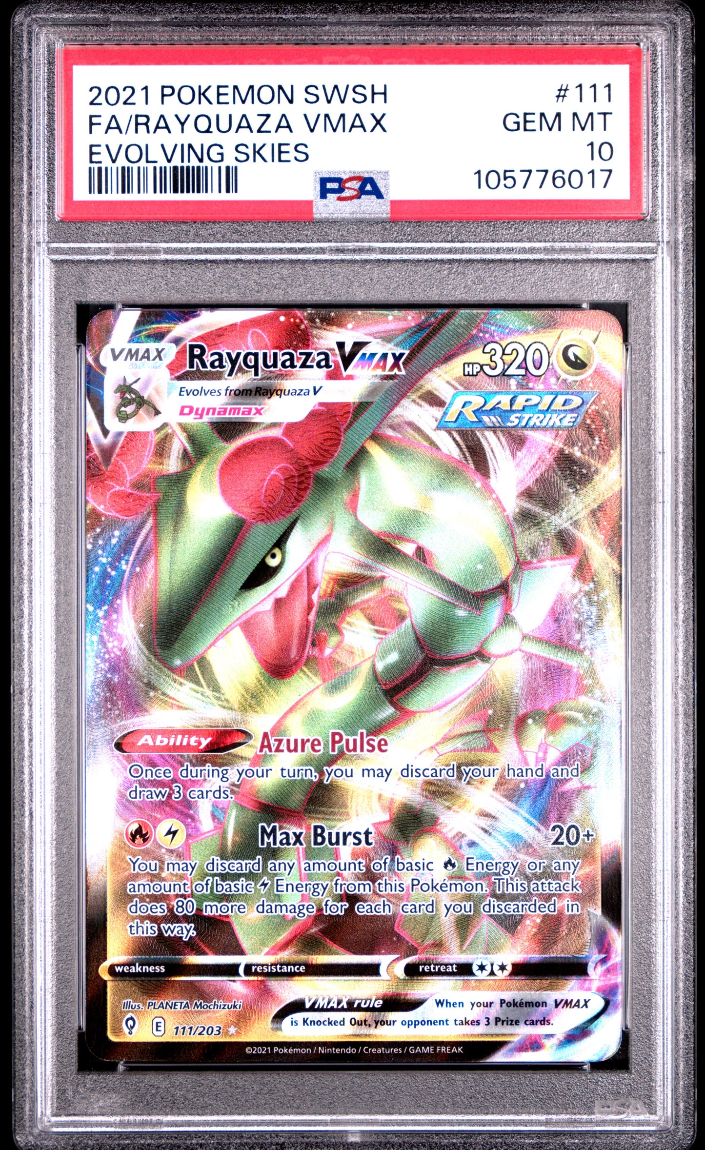FA/RAYQUAZA VMAX 111/203 Common POKEMON SWORD & SHIELD EVOLVING SKIES EVOLVING SKIES PSA10 GEM MT 10 PSA population 1722 <a href=https://www.psacard.com/cert/105776017/psa>https://www.psacard.com/cert/105776017/psa</a>
