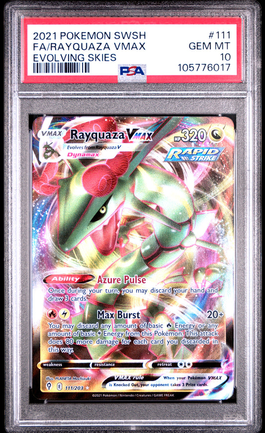 FA/RAYQUAZA VMAX 111/203 Common POKEMON SWORD & SHIELD EVOLVING SKIES EVOLVING SKIES PSA10 GEM MT 10 PSA population 1722 <a href=https://www.psacard.com/cert/105776017/psa>https://www.psacard.com/cert/105776017/psa</a>
