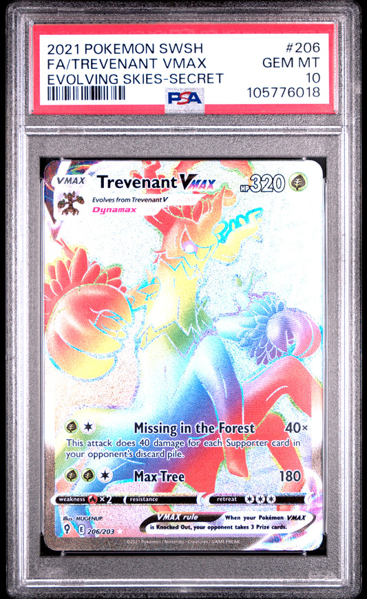 FA/TREVENANT VMAX 206/203 Common POKEMON SWORD & SHIELD EVOLVING SKIES EVOLVING SKIES-SECRET PSA10 GEM MT 10 PSA population 202 <a href=https://www.psacard.com/cert/105776018/psa>https://www.psacard.com/cert/105776018/psa</a>