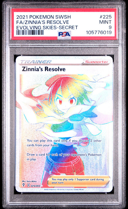 FA/ZINNIA'S RESOLVE 225/203 Common POKEMON SWORD & SHIELD EVOLVING SKIES EVOLVING SKIES-SECRET PSA9 MINT 9 PSA population 203 <a href=https://www.psacard.com/cert/105776019/psa>https://www.psacard.com/cert/105776019/psa</a>