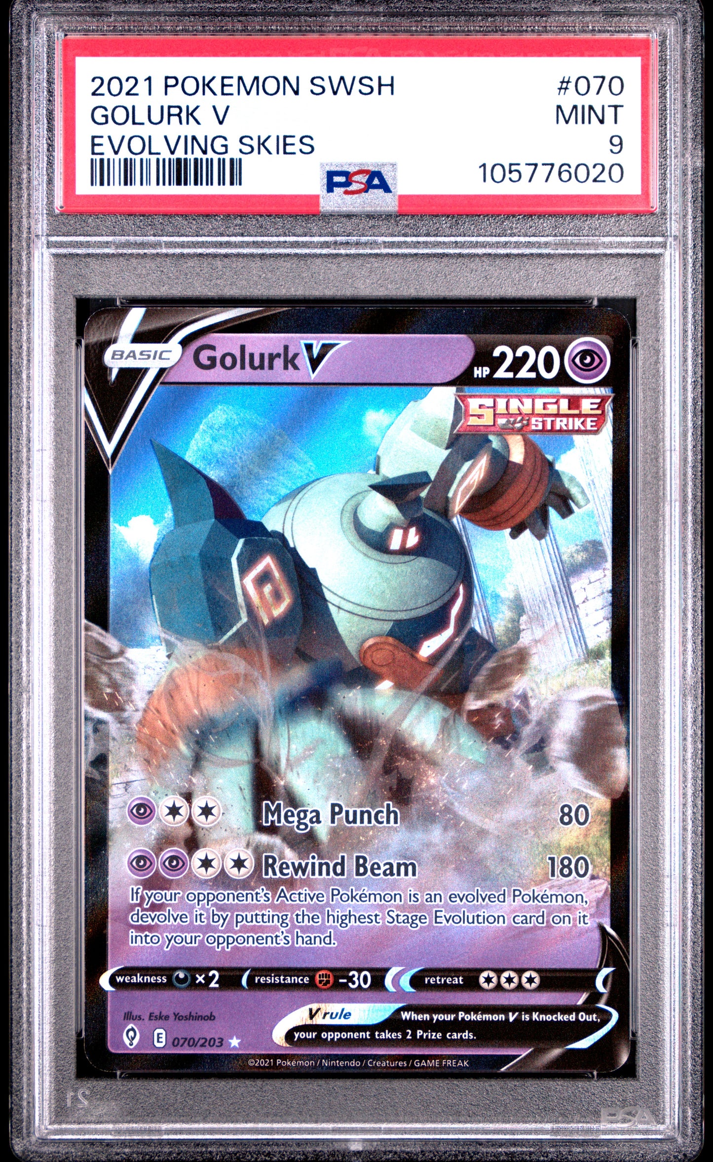 GOLURK V 70/203 Common POKEMON SWORD & SHIELD EVOLVING SKIES EVOLVING SKIES PSA9 MINT 9 PSA population 34 <a href=https://www.psacard.com/cert/105776020/psa>https://www.psacard.com/cert/105776020/psa</a>