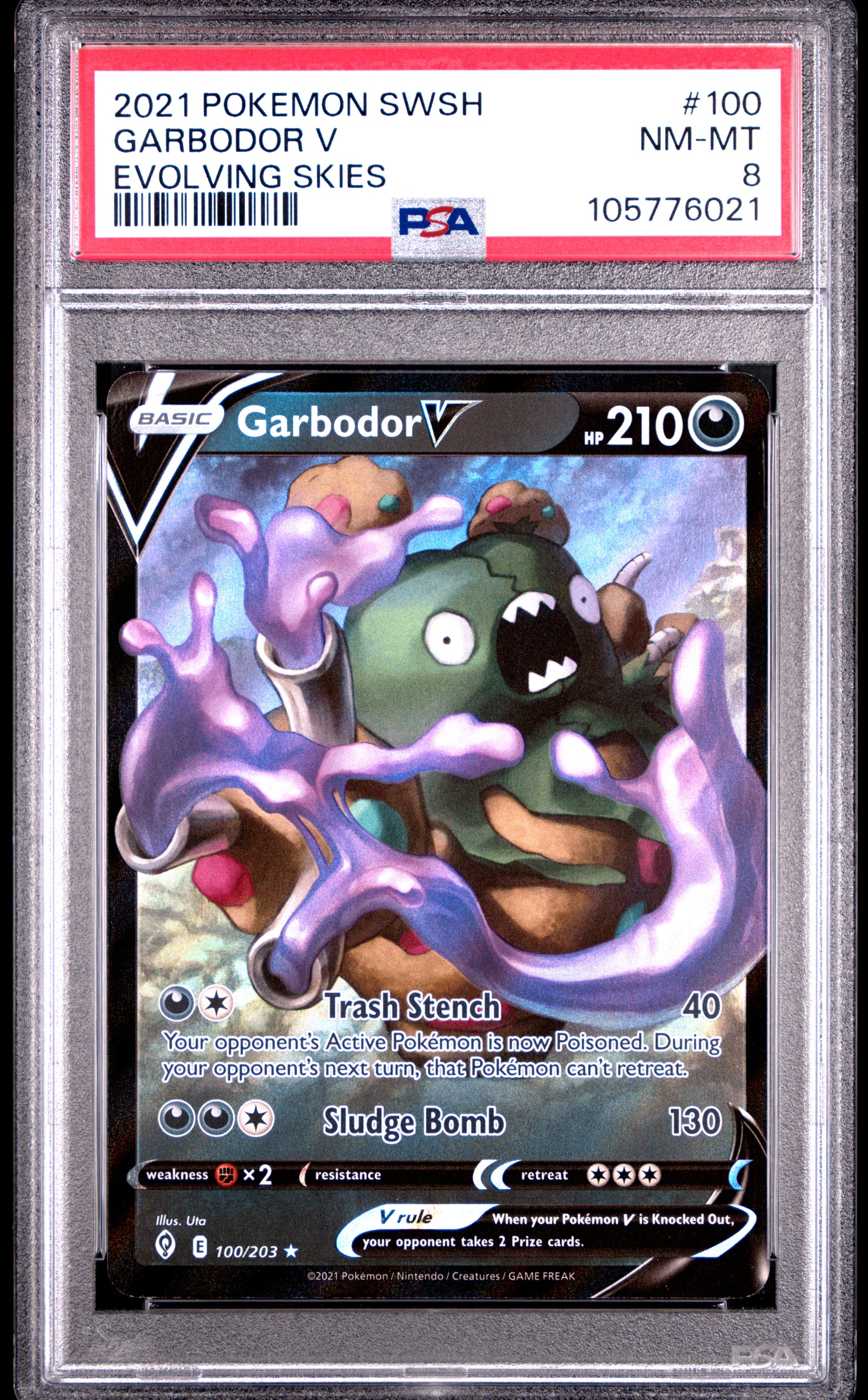 GARBODOR V 100/203 Common POKEMON SWORD & SHIELD EVOLVING SKIES EVOLVING SKIES PSA8 NM-MT 8 PSA population 8 <a href=https://www.psacard.com/cert/105776021/psa>https://www.psacard.com/cert/105776021/psa</a>