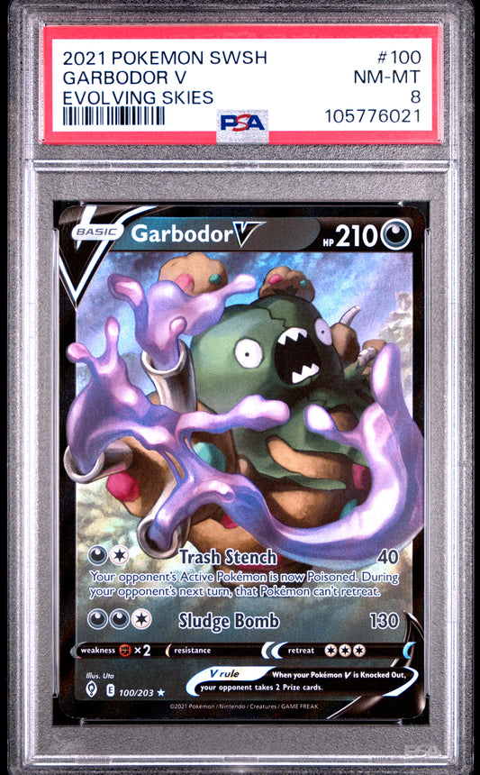 GARBODOR V 100/203 Common POKEMON SWORD & SHIELD EVOLVING SKIES EVOLVING SKIES PSA8 NM-MT 8 PSA population 8 <a href=https://www.psacard.com/cert/105776021/psa>https://www.psacard.com/cert/105776021/psa</a>