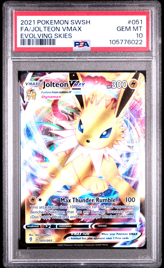 FA/JOLTEON VMAX 51/203 Common POKEMON SWORD & SHIELD EVOLVING SKIES EVOLVING SKIES PSA10 GEM MT 10 PSA population 1067 <a href=https://www.psacard.com/cert/105776022/psa>https://www.psacard.com/cert/105776022/psa</a>