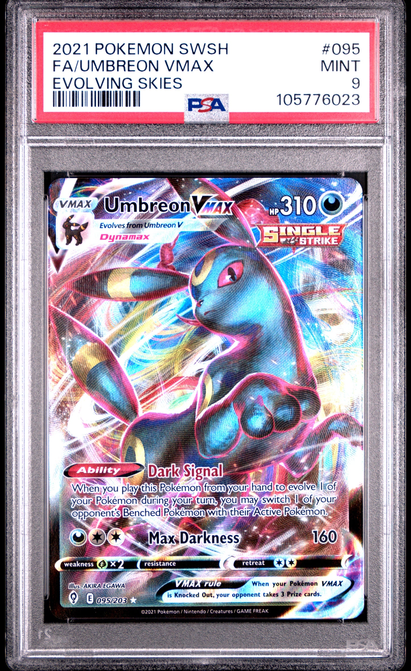 FA/UMBREON VMAX 95/203 Common POKEMON SWORD & SHIELD EVOLVING SKIES EVOLVING SKIES PSA9 MINT 9 PSA population 1101 <a href=https://www.psacard.com/cert/105776023/psa>https://www.psacard.com/cert/105776023/psa</a>