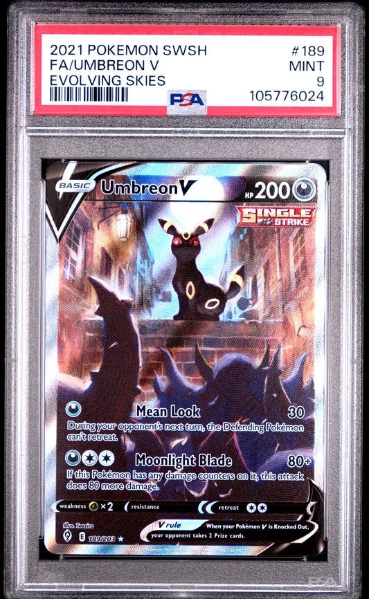 FA/UMBREON V 189/203 Common POKEMON SWORD & SHIELD EVOLVING SKIES EVOLVING SKIES PSA9 MINT 9 PSA population 5877 <a href=https://www.psacard.com/cert/105776024/psa>https://www.psacard.com/cert/105776024/psa</a>