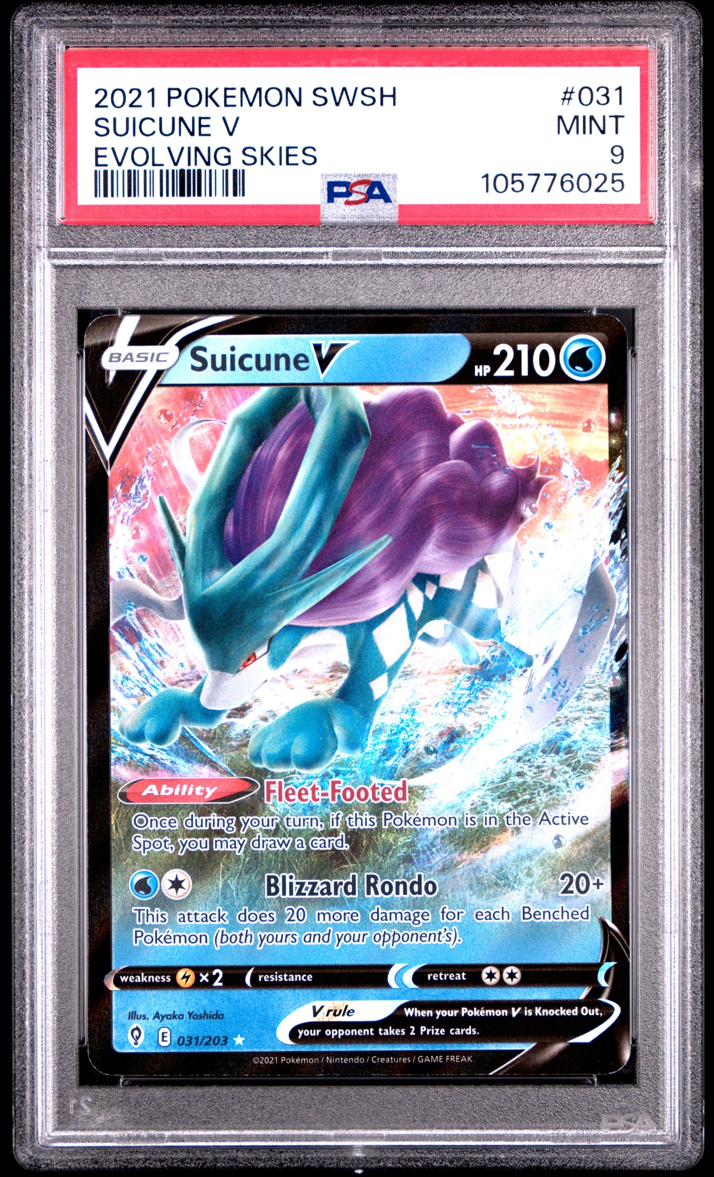 SUICUNE V 31/203 Common POKEMON SWORD & SHIELD EVOLVING SKIES EVOLVING SKIES PSA9 MINT 9 PSA population 98 <a href=https://www.psacard.com/cert/105776025/psa>https://www.psacard.com/cert/105776025/psa</a>