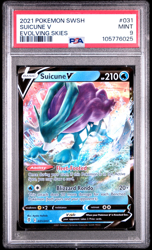 SUICUNE V 31/203 Common POKEMON SWORD & SHIELD EVOLVING SKIES EVOLVING SKIES PSA9 MINT 9 PSA population 98 <a href=https://www.psacard.com/cert/105776025/psa>https://www.psacard.com/cert/105776025/psa</a>