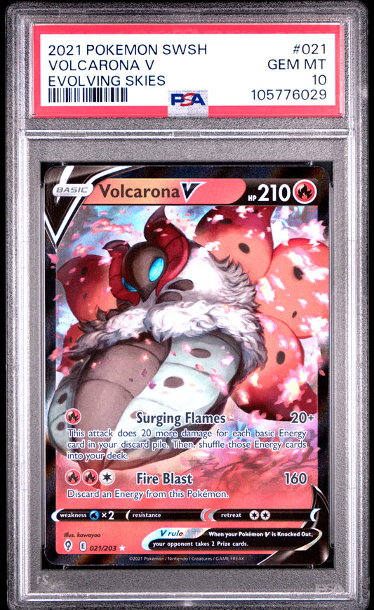 VOLCARONA V 21/203 Common POKEMON SWORD & SHIELD EVOLVING SKIES EVOLVING SKIES PSA10 GEM MT 10 PSA population 36 <a href=https://www.psacard.com/cert/105776029/psa>https://www.psacard.com/cert/105776029/psa</a>