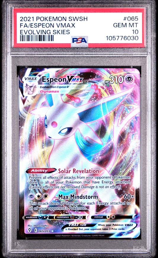FA/ESPEON VMAX 65/203 Common POKEMON SWORD & SHIELD EVOLVING SKIES EVOLVING SKIES PSA10 GEM MT 10 PSA population 1500 <a href=https://www.psacard.com/cert/105776030/psa>https://www.psacard.com/cert/105776030/psa</a>