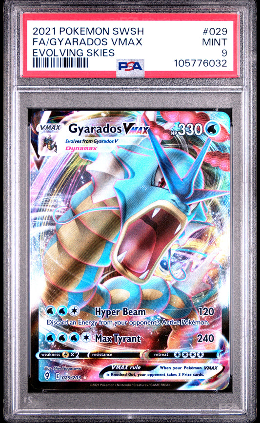 FA/GYARADOS VMAX 29/203 Common POKEMON SWORD & SHIELD EVOLVING SKIES EVOLVING SKIES PSA9 MINT 9 PSA population 312 <a href=https://www.psacard.com/cert/105776032/psa>https://www.psacard.com/cert/105776032/psa</a>