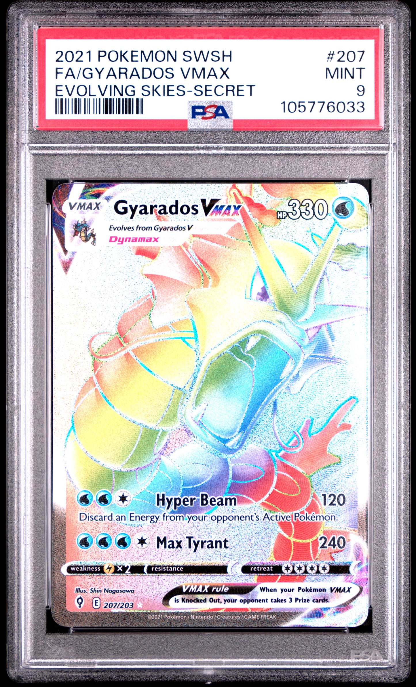 FA/GYARADOS VMAX 207/203 Common POKEMON SWORD & SHIELD EVOLVING SKIES EVOLVING SKIES-SECRET PSA9 MINT 9 PSA population 535 <a href=https://www.psacard.com/cert/105776033/psa>https://www.psacard.com/cert/105776033/psa</a>