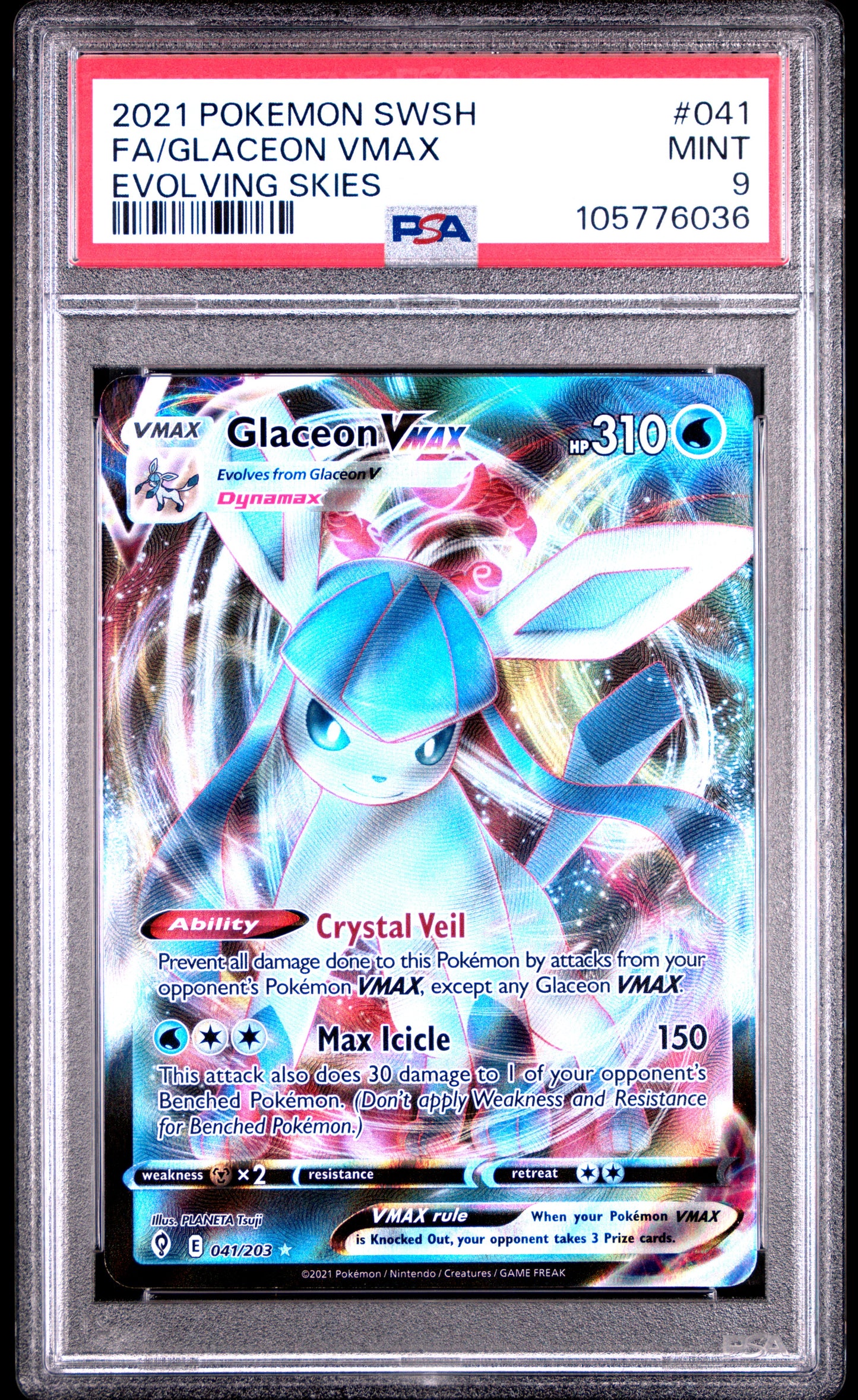 FA/GLACEON VMAX 41/203 Common POKEMON SWORD & SHIELD EVOLVING SKIES EVOLVING SKIES PSA9 MINT 9 PSA population 411 <a href=https://www.psacard.com/cert/105776036/psa>https://www.psacard.com/cert/105776036/psa</a>