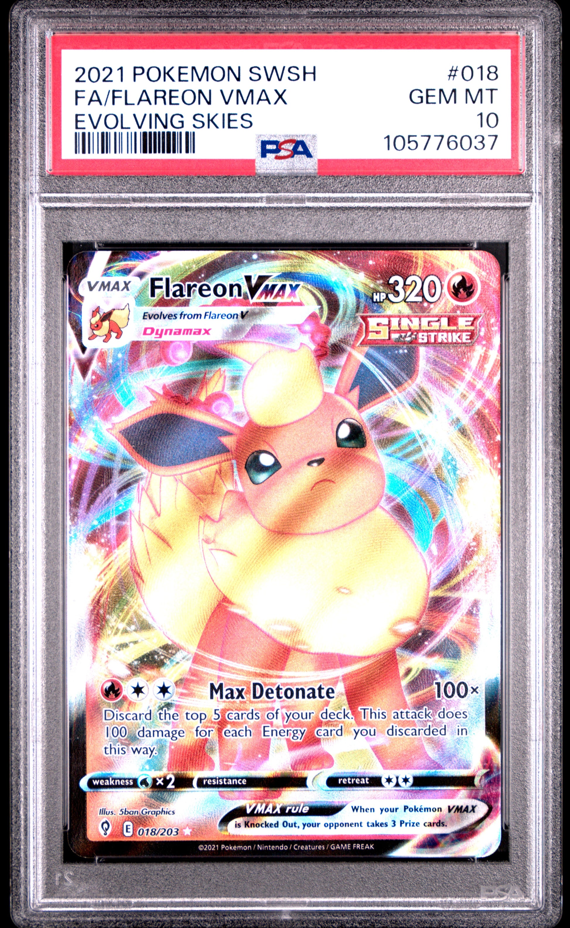 FA/FLAREON VMAX 18/203 Common POKEMON SWORD & SHIELD EVOLVING SKIES EVOLVING SKIES PSA10 GEM MT 10 PSA population 1120 <a href=https://www.psacard.com/cert/105776037/psa>https://www.psacard.com/cert/105776037/psa</a>