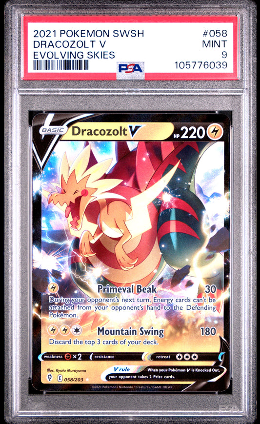 DRACOZOLT V 58/203 Common POKEMON SWORD & SHIELD EVOLVING SKIES EVOLVING SKIES PSA9 MINT 9 PSA population 35 <a href=https://www.psacard.com/cert/105776039/psa>https://www.psacard.com/cert/105776039/psa</a>