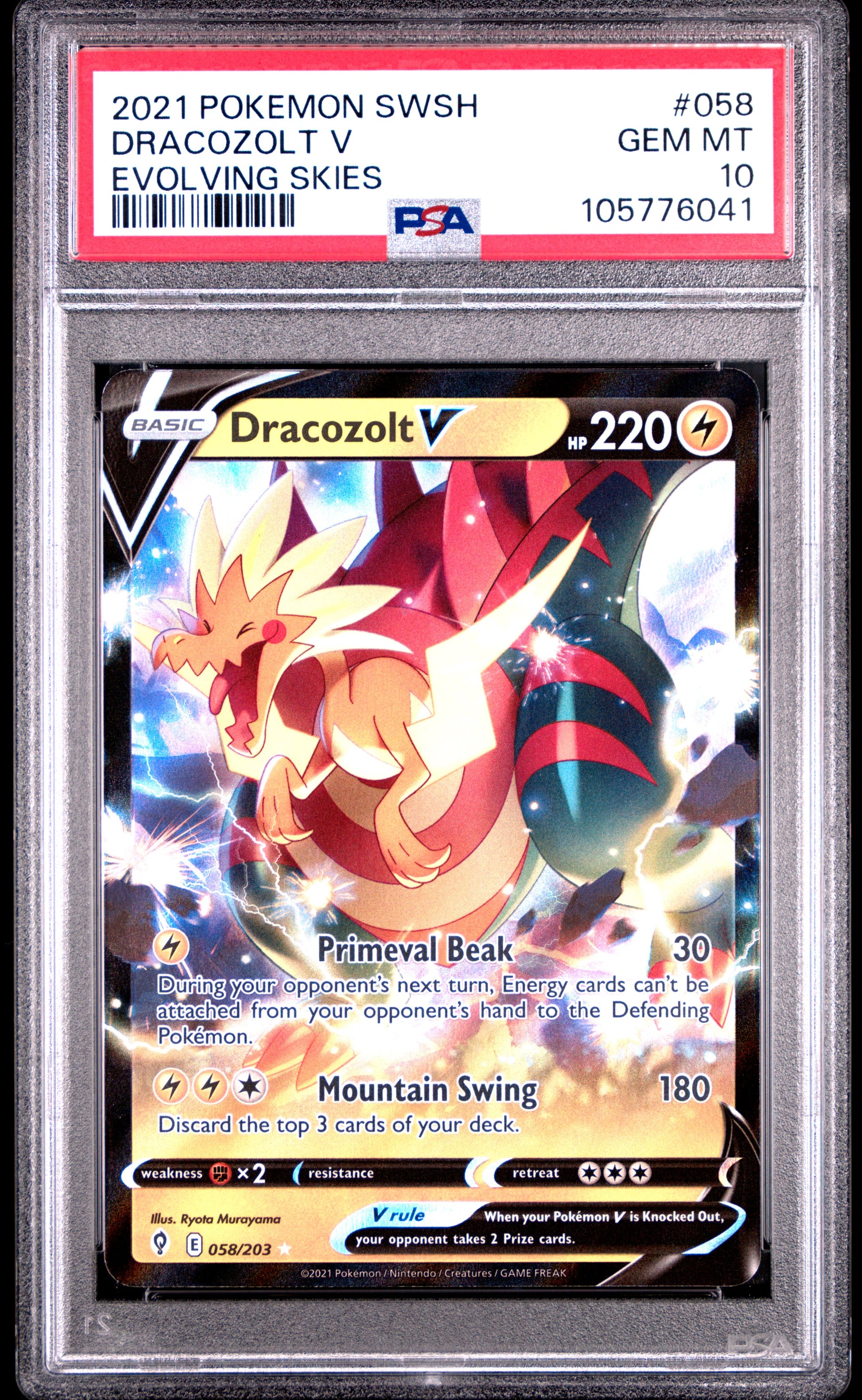 DRACOZOLT V 58/203 Common POKEMON SWORD & SHIELD EVOLVING SKIES EVOLVING SKIES PSA10 GEM MT 10 PSA population 32 <a href=https://www.psacard.com/cert/105776041/psa>https://www.psacard.com/cert/105776041/psa</a>