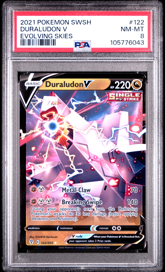 DURALUDON V 122/203 Common POKEMON SWORD & SHIELD EVOLVING SKIES EVOLVING SKIES PSA8 NM-MT 8 PSA population 11 <a href=https://www.psacard.com/cert/105776043/psa>https://www.psacard.com/cert/105776043/psa</a>