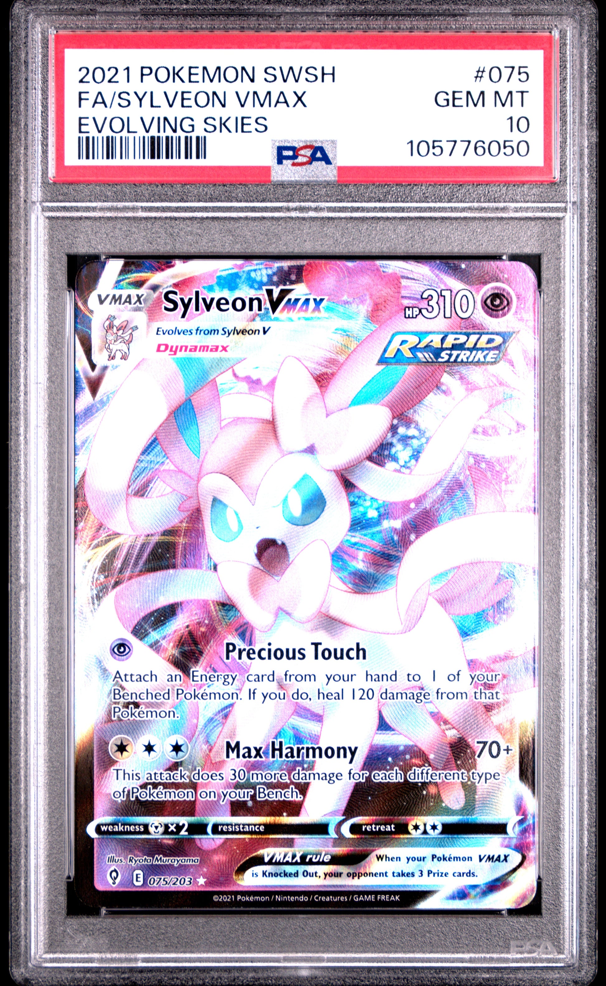 FA/SYLVEON VMAX 75/203 Common POKEMON SWORD & SHIELD EVOLVING SKIES EVOLVING SKIES PSA10 GEM MT 10 PSA population 1297 <a href=https://www.psacard.com/cert/105776050/psa>https://www.psacard.com/cert/105776050/psa</a>