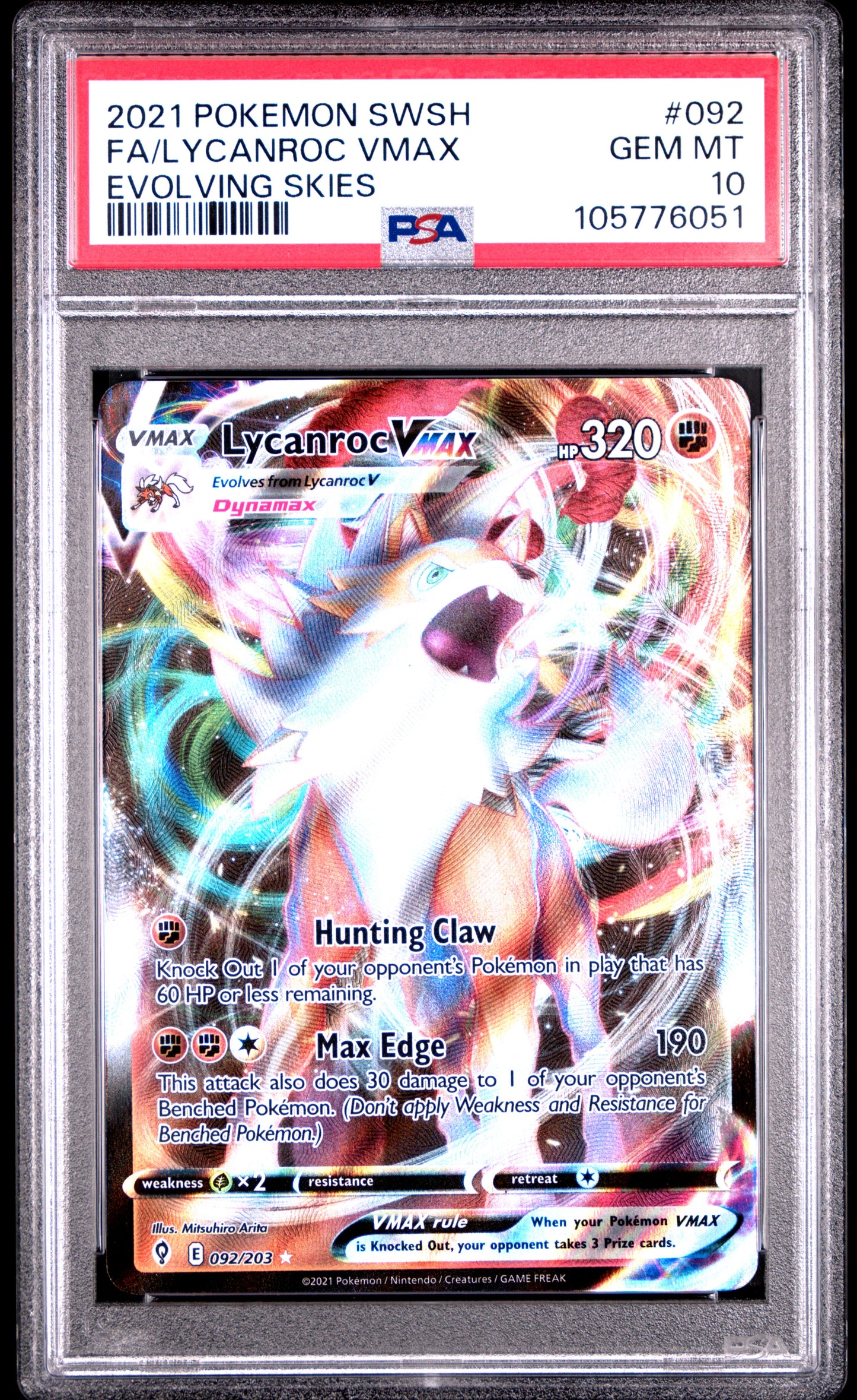 FA/LYCANROC VMAX 92/203 Common POKEMON SWORD & SHIELD EVOLVING SKIES EVOLVING SKIES PSA10 GEM MT 10 PSA population 145 <a href=https://www.psacard.com/cert/105776051/psa>https://www.psacard.com/cert/105776051/psa</a>