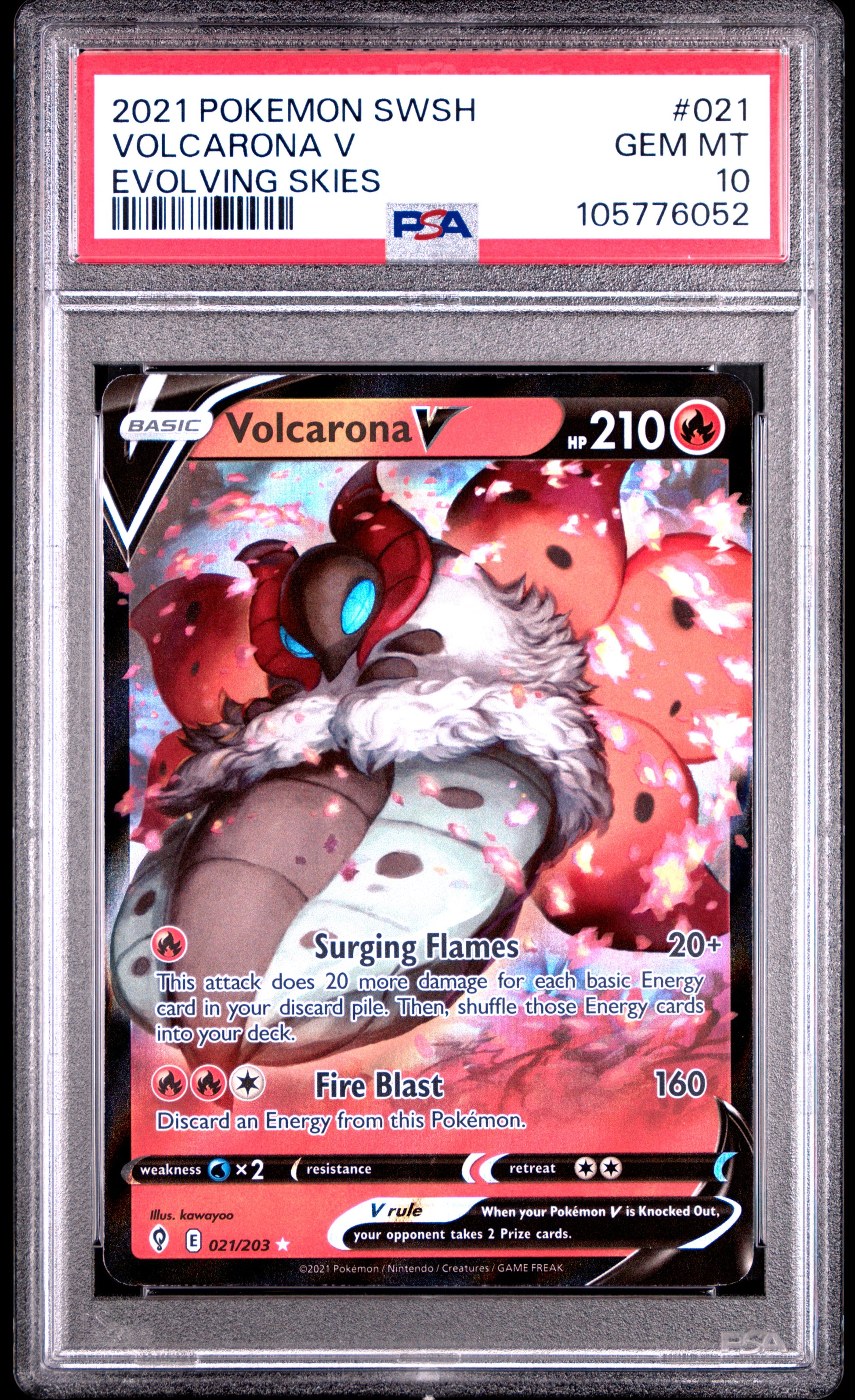 VOLCARONA V 21/203 Common POKEMON SWORD & SHIELD EVOLVING SKIES EVOLVING SKIES PSA10 GEM MT 10 PSA population 36 <a href=https://www.psacard.com/cert/105776052/psa>https://www.psacard.com/cert/105776052/psa</a>