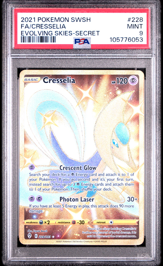 FA/CRESSELIA 228/203 Common POKEMON SWORD & SHIELD EVOLVING SKIES EVOLVING SKIES-SECRET PSA9 MINT 9 PSA population 300 <a href=https://www.psacard.com/cert/105776053/psa>https://www.psacard.com/cert/105776053/psa</a>