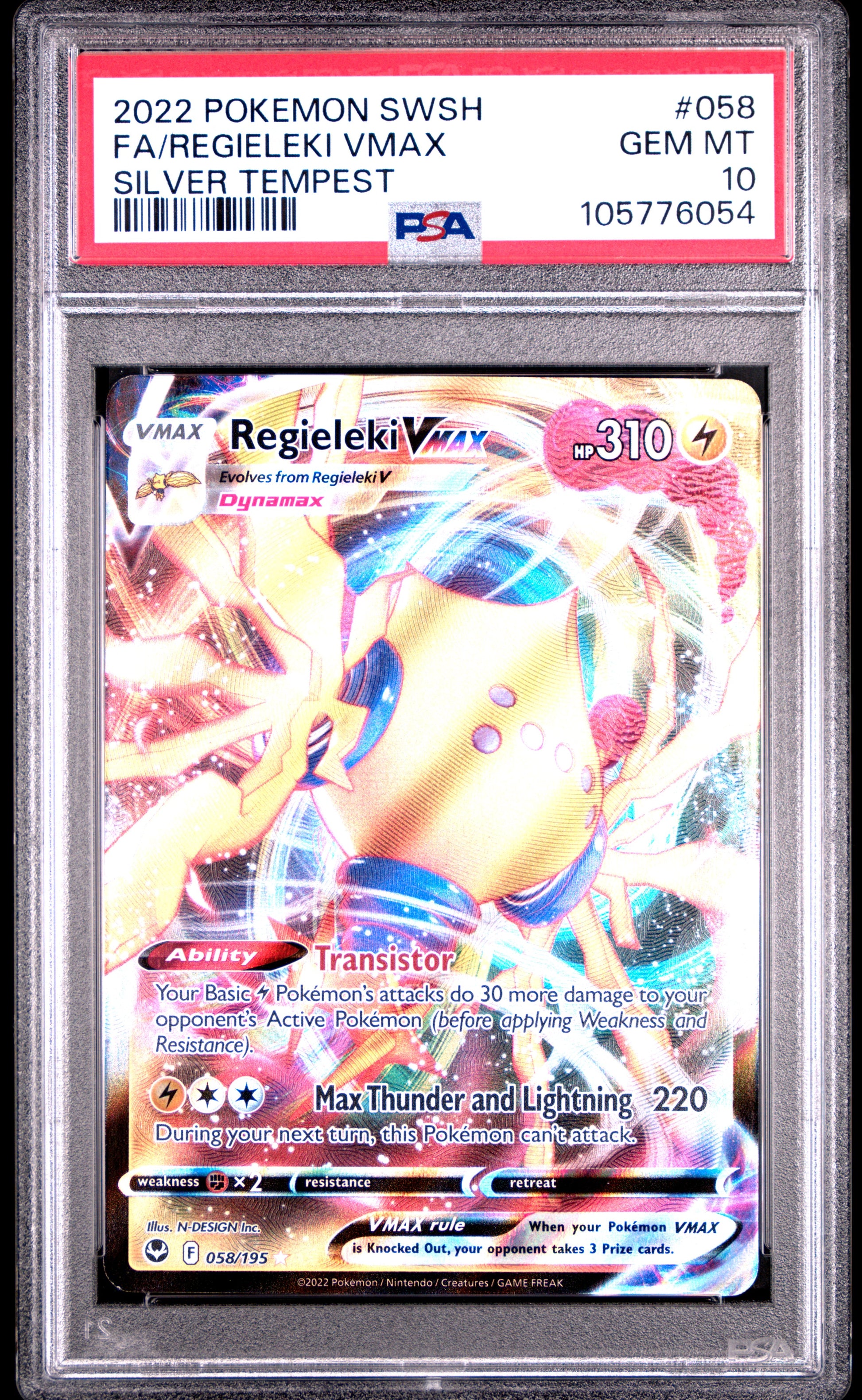 FA/REGIELEKI VMAX 58/195 Common POKEMON SWORD & SHIELD SILVER TEMPEST SILVER TEMPEST PSA10 GEM MT 10 PSA population 268 <a href=https://www.psacard.com/cert/105776054/psa>https://www.psacard.com/cert/105776054/psa</a>