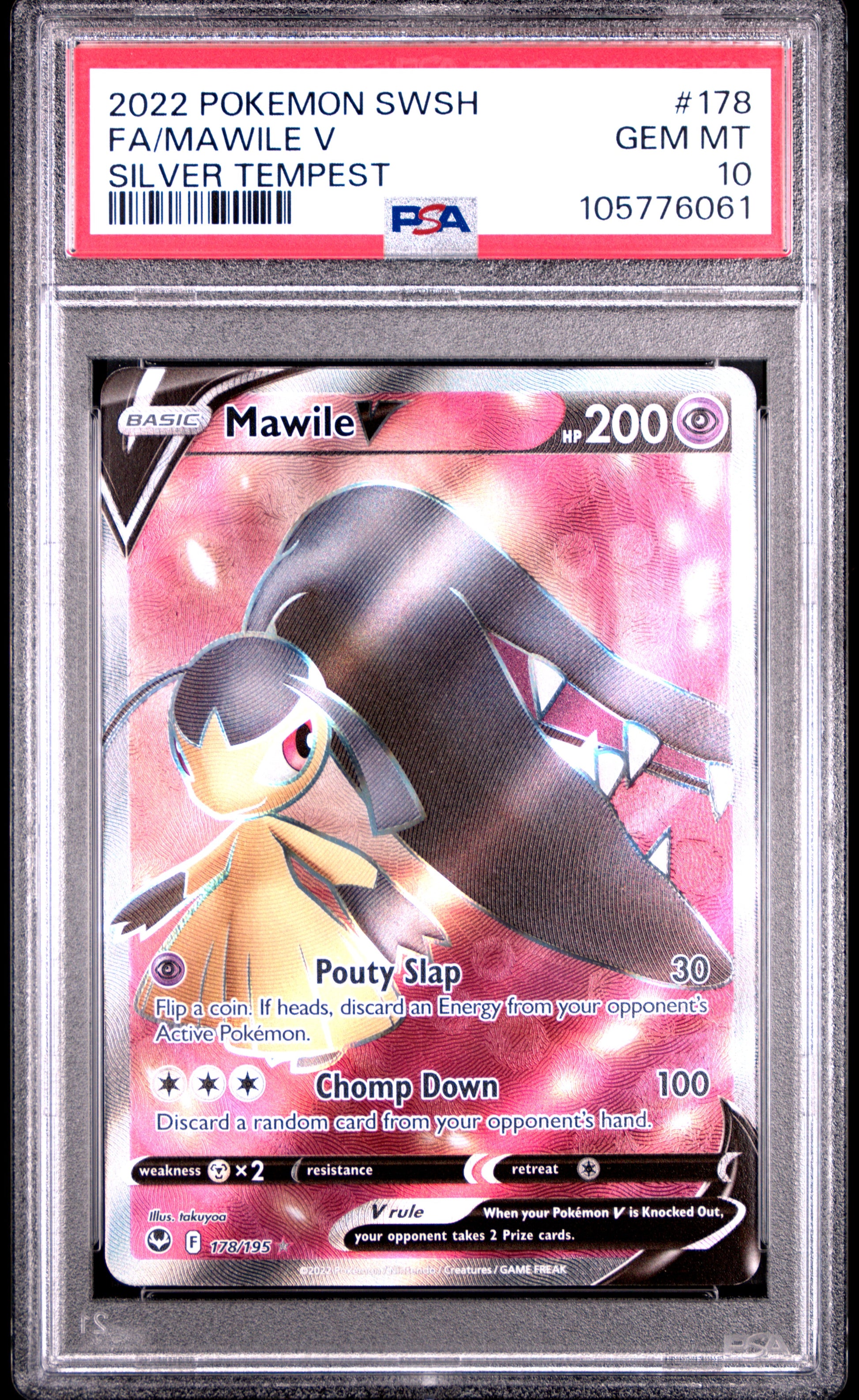 FA/MAWILE V 178/195 Common POKEMON SWORD & SHIELD SILVER TEMPEST SILVER TEMPEST PSA10 GEM MT 10 PSA population 72 <a href=https://www.psacard.com/cert/105776061/psa>https://www.psacard.com/cert/105776061/psa</a>