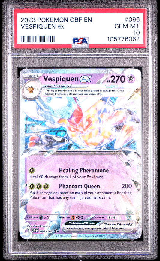VESPIQUEN EX 96/197 Common POKEMON OBF EN-OBSIDIAN FLAMES PSA10 GEM MT 10 PSA population 67 <a href=https://www.psacard.com/cert/105776062/psa>https://www.psacard.com/cert/105776062/psa</a>
