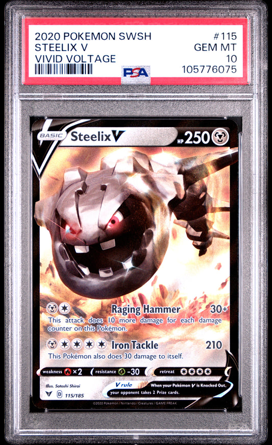 STEELIX V 115/185 Common POKEMON SWORD & SHIELD VIVID VOLTAGE VIVID VOLTAGE PSA10 GEM MT 10 PSA population 380 <a href=https://www.psacard.com/cert/105776075/psa>https://www.psacard.com/cert/105776075/psa</a>