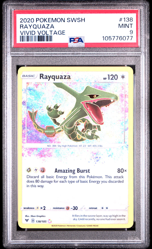 RAYQUAZA 138/185 Common POKEMON SWORD & SHIELD VIVID VOLTAGE VIVID VOLTAGE PSA9 MINT 9 PSA population 5493 <a href=https://www.psacard.com/cert/105776077/psa>https://www.psacard.com/cert/105776077/psa</a>