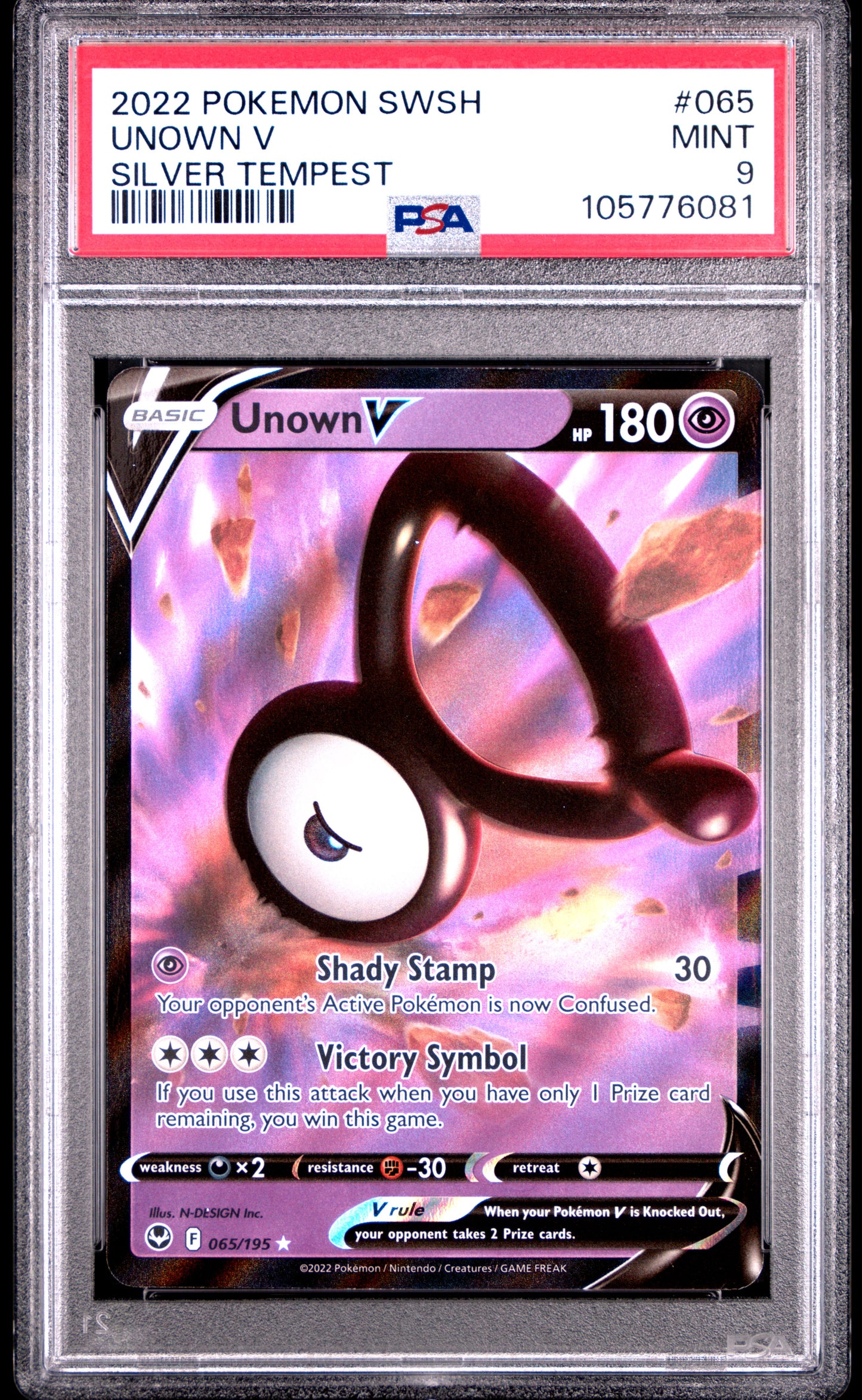 UNOWN V 65/195 Common POKEMON SWORD & SHIELD SILVER TEMPEST SILVER TEMPEST PSA9 MINT 9 PSA population 81 <a href=https://www.psacard.com/cert/105776081/psa>https://www.psacard.com/cert/105776081/psa</a>