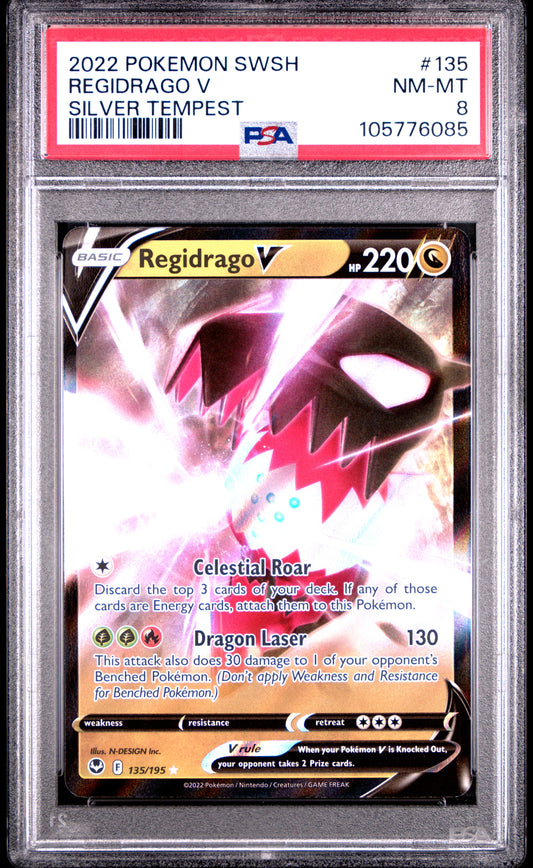 REGIDRAGO V 135/195 Common POKEMON SWORD & SHIELD SILVER TEMPEST SILVER TEMPEST PSA8 NM-MT 8 PSA population 22 <a href=https://www.psacard.com/cert/105776085/psa>https://www.psacard.com/cert/105776085/psa</a>