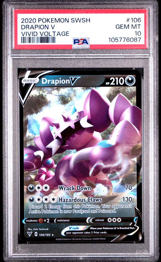 DRAPION V 106/185 Common POKEMON SWORD & SHIELD VIVID VOLTAGE VIVID VOLTAGE PSA10 GEM MT 10 PSA population 320 <a href=https://www.psacard.com/cert/105776087/psa>https://www.psacard.com/cert/105776087/psa</a>