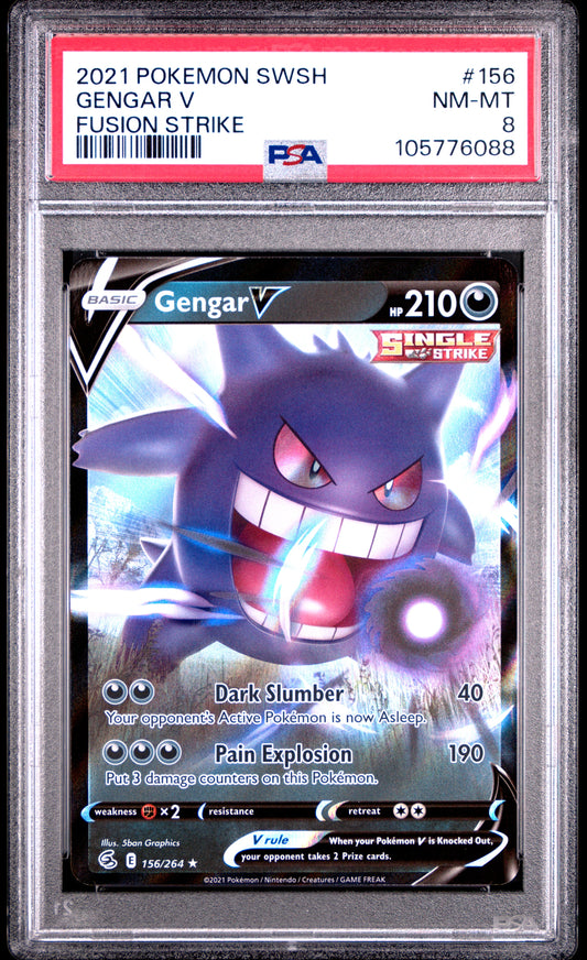 GENGAR V 156/264 Common POKEMON SWORD & SHIELD FUSION STRIKE FUSION STRIKE PSA8 NM-MT 8 PSA population 156 <a href=https://www.psacard.com/cert/105776088/psa>https://www.psacard.com/cert/105776088/psa</a>