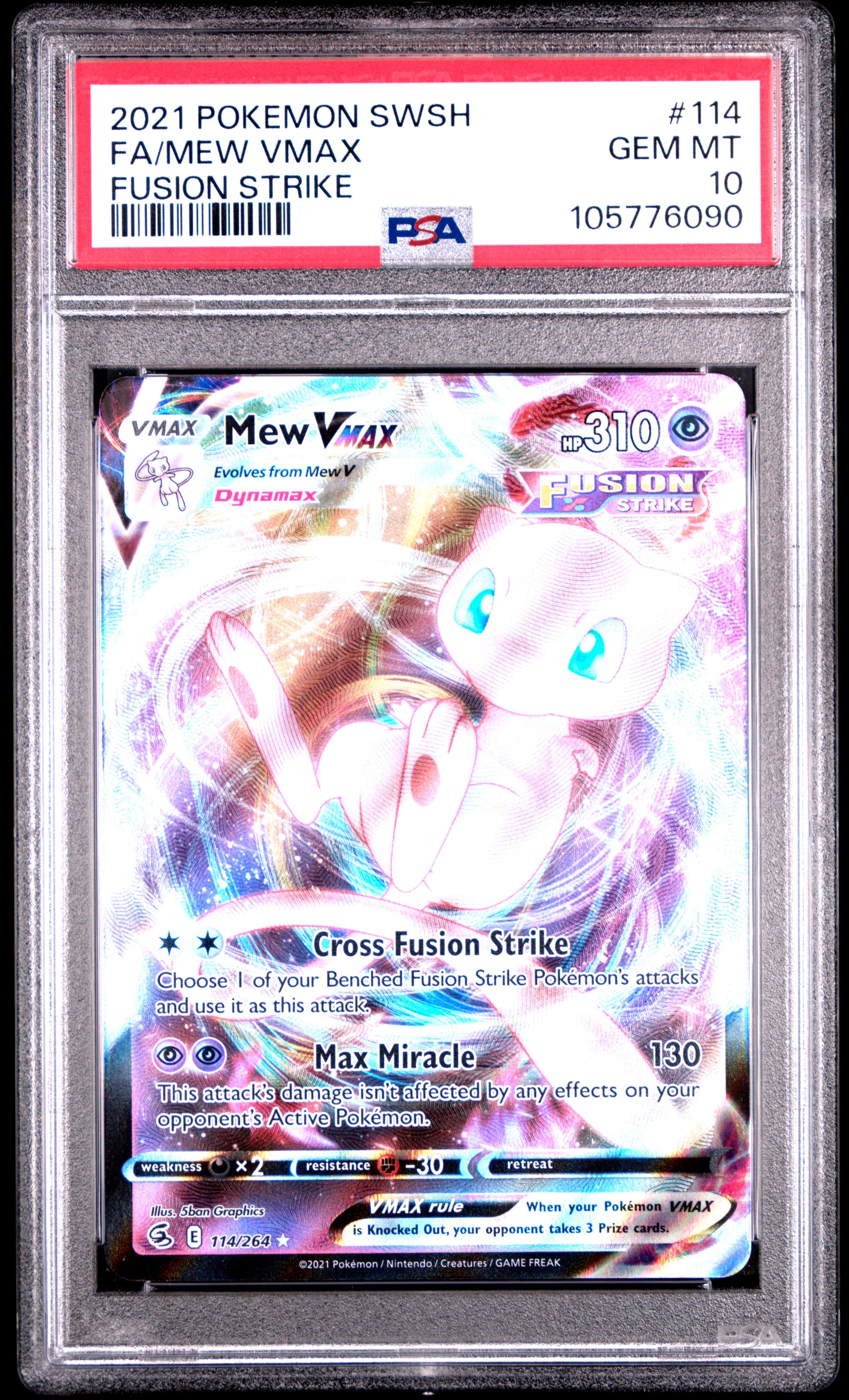 FA/MEW VMAX 114/264 Common POKEMON SWORD & SHIELD FUSION STRIKE FUSION STRIKE PSA10 GEM MT 10 PSA population 2162 <a href=https://www.psacard.com/cert/105776090/psa>https://www.psacard.com/cert/105776090/psa</a>