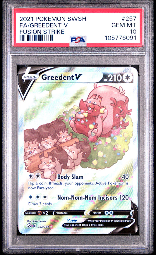 FA/GREEDENT V 257/264 Common POKEMON SWORD & SHIELD FUSION STRIKE FUSION STRIKE PSA10 GEM MT 10 PSA population 1040 <a href=https://www.psacard.com/cert/105776091/psa>https://www.psacard.com/cert/105776091/psa</a>