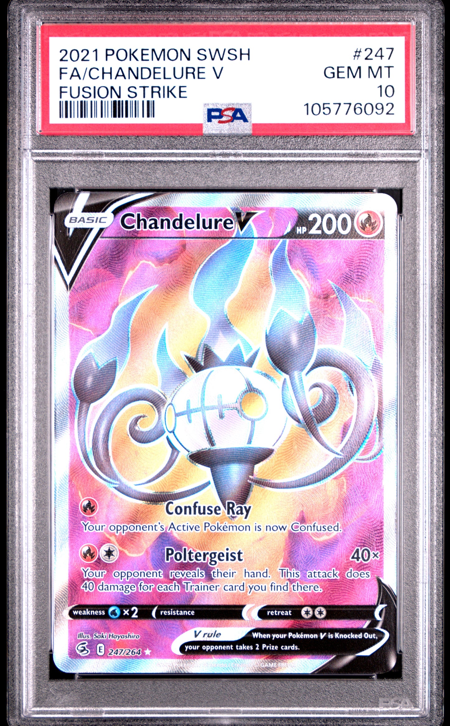 FA/CHANDELURE V 247/264 Common POKEMON SWORD & SHIELD FUSION STRIKE FUSION STRIKE PSA10 GEM MT 10 PSA population 81 <a href=https://www.psacard.com/cert/105776092/psa>https://www.psacard.com/cert/105776092/psa</a>
