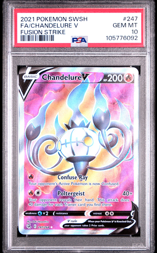 FA/CHANDELURE V 247/264 Common POKEMON SWORD & SHIELD FUSION STRIKE FUSION STRIKE PSA10 GEM MT 10 PSA population 81 <a href=https://www.psacard.com/cert/105776092/psa>https://www.psacard.com/cert/105776092/psa</a>