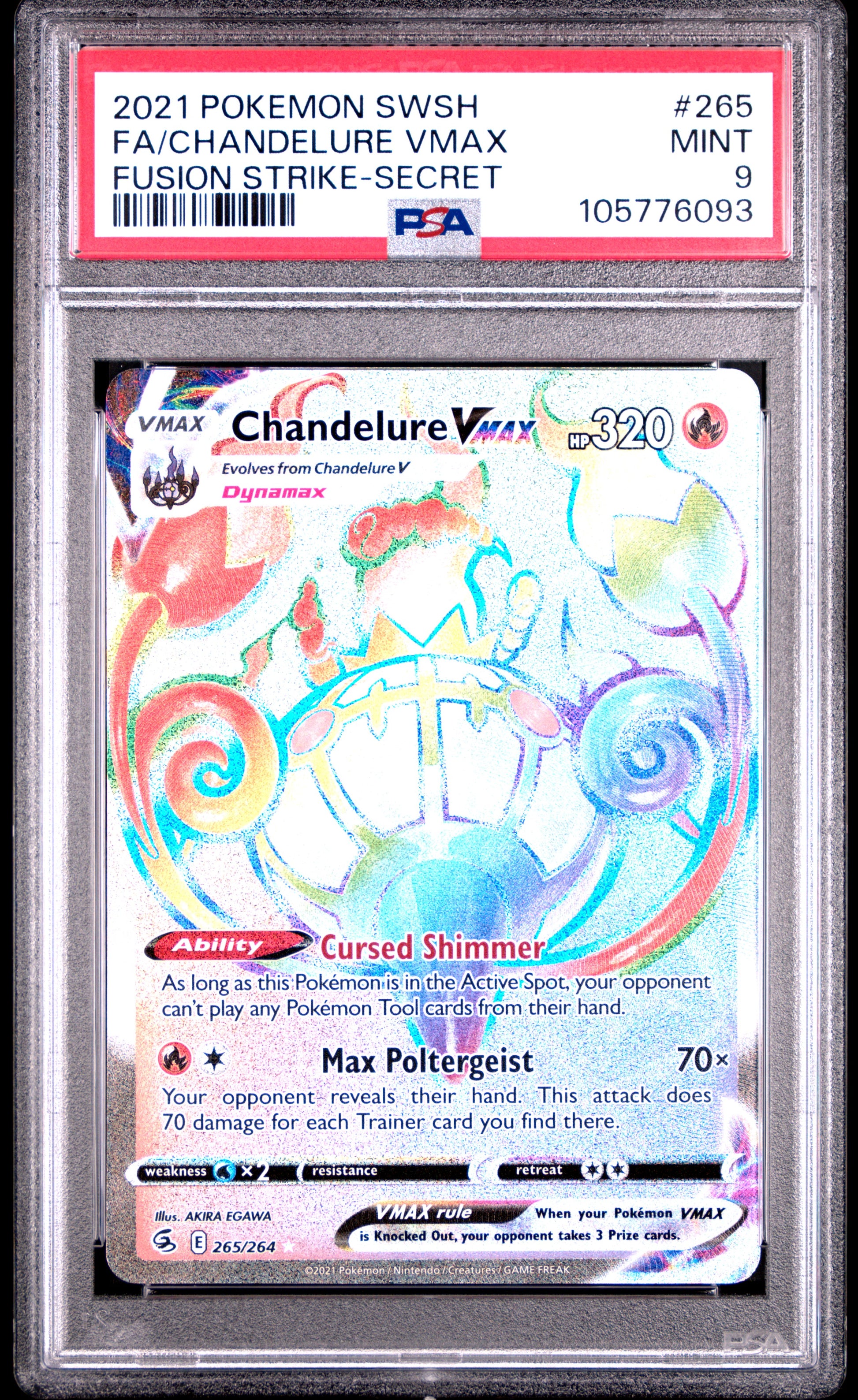 FA/CHANDELURE VMAX 265/264 Common POKEMON SWORD & SHIELD FUSION STRIKE FUSION STRIKE-SECRET PSA9 MINT 9 PSA population 76 <a href=https://www.psacard.com/cert/105776093/psa>https://www.psacard.com/cert/105776093/psa</a>
