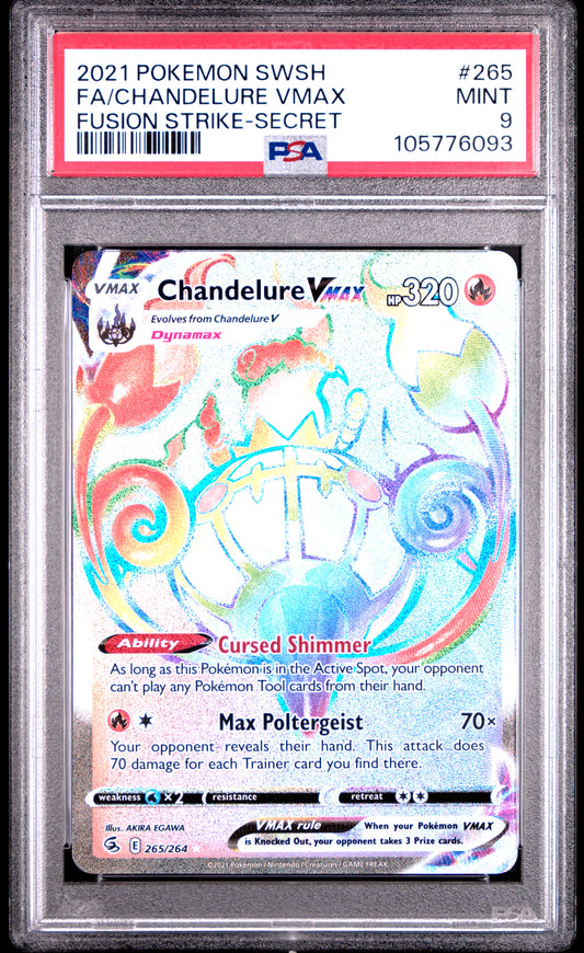 FA/CHANDELURE VMAX 265/264 Common POKEMON SWORD & SHIELD FUSION STRIKE FUSION STRIKE-SECRET PSA9 MINT 9 PSA population 76 <a href=https://www.psacard.com/cert/105776093/psa>https://www.psacard.com/cert/105776093/psa</a>