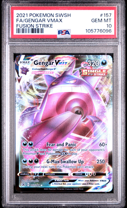FA/GENGAR VMAX 157/264 Common POKEMON SWORD & SHIELD FUSION STRIKE FUSION STRIKE PSA10 GEM MT 10 PSA population 4773 <a href=https://www.psacard.com/cert/105776096/psa>https://www.psacard.com/cert/105776096/psa</a>