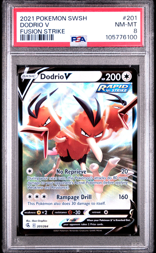 DODRIO V 201/264 Common POKEMON SWORD & SHIELD FUSION STRIKE FUSION STRIKE PSA8 NM-MT 8 PSA population 16 <a href=https://www.psacard.com/cert/105776100/psa>https://www.psacard.com/cert/105776100/psa</a>