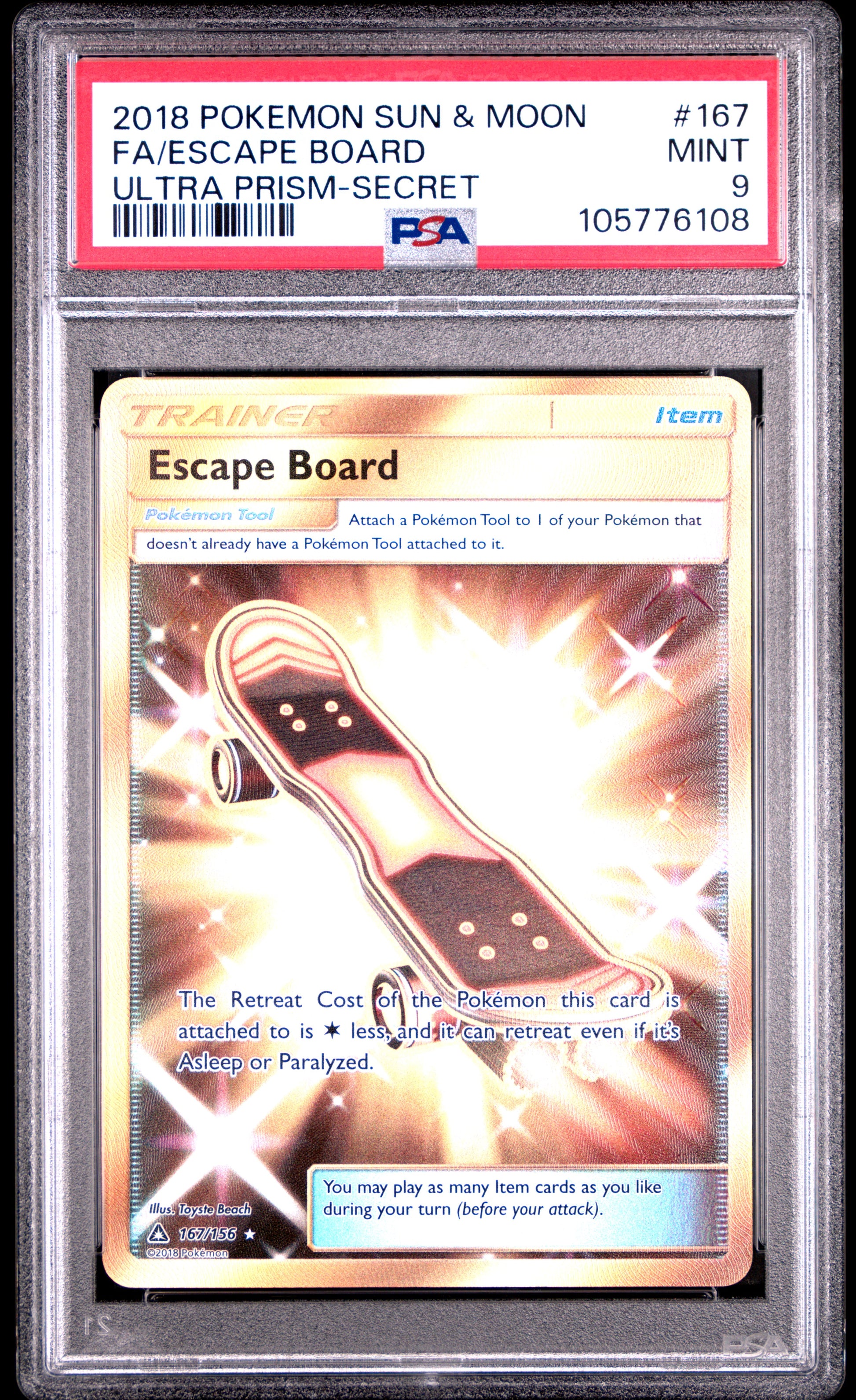 FA/ESCAPE BOARD 167/156 Common POKEMON SUN & MOON ULTRA PRISM ULTRA PRISM-SECRET PSA9 MINT 9 PSA population 53 <a href=https://www.psacard.com/cert/105776108/psa>https://www.psacard.com/cert/105776108/psa</a>